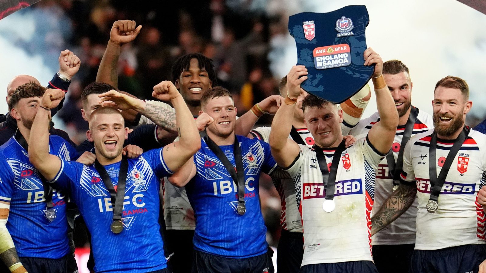 England players celebrate Test series win over Samoa Alamy